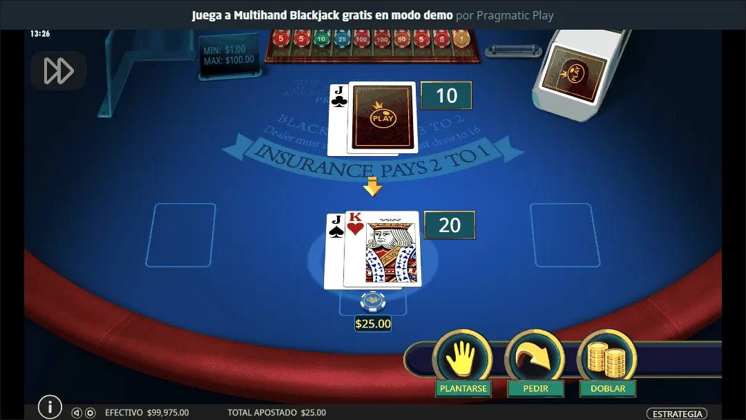 Eine Runde Multihand Blackjack von Pragmatic Play im Demomodus spielen